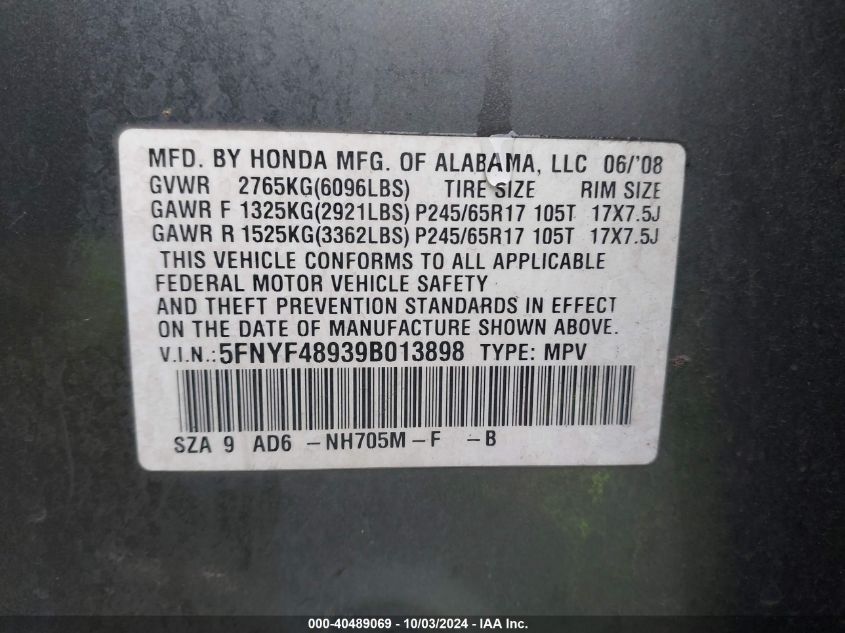 2009 Honda Pilot Touring VIN: 5FNYF48939B013898 Lot: 40489069