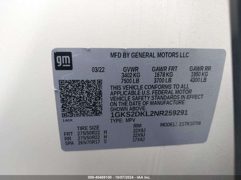 2022 GMC Yukon Denali VIN: 1GKS2DKL2NR259291 Lot: 40489100