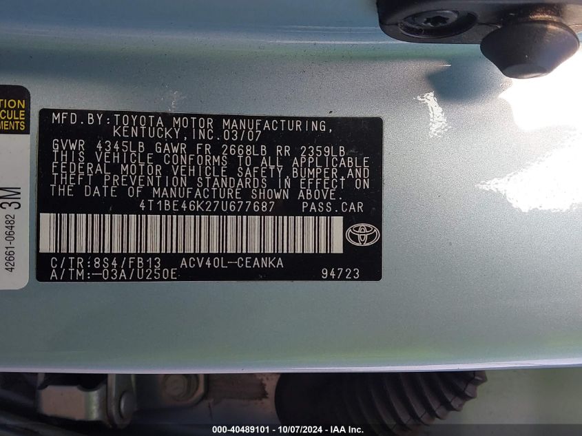 4T1BE46K27U677687 2007 Toyota Camry Ce/Le/Xle/Se