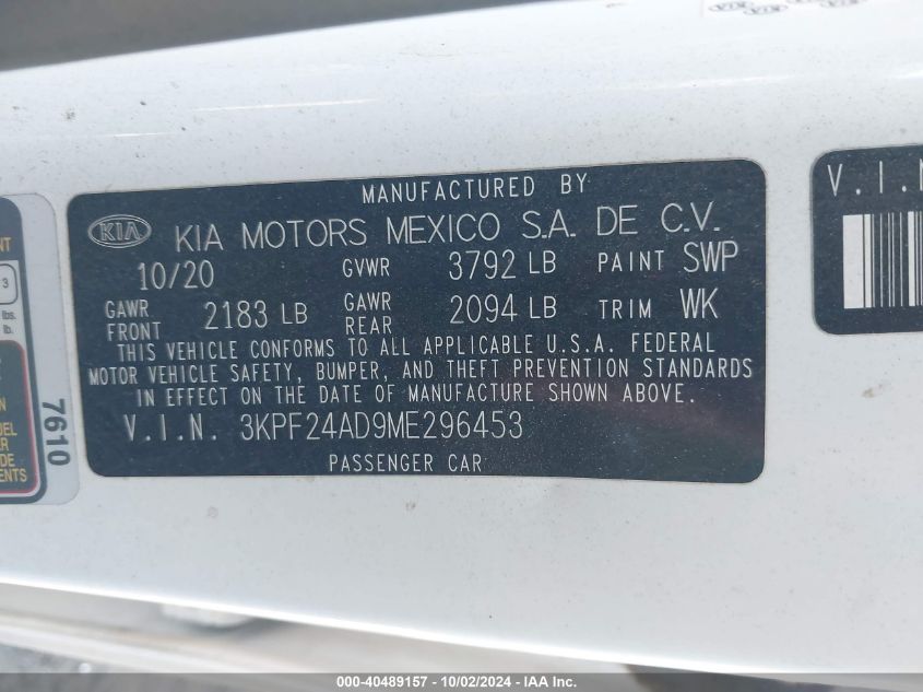 2021 Kia Forte Lxs VIN: 3KPF24AD9ME296453 Lot: 40489157