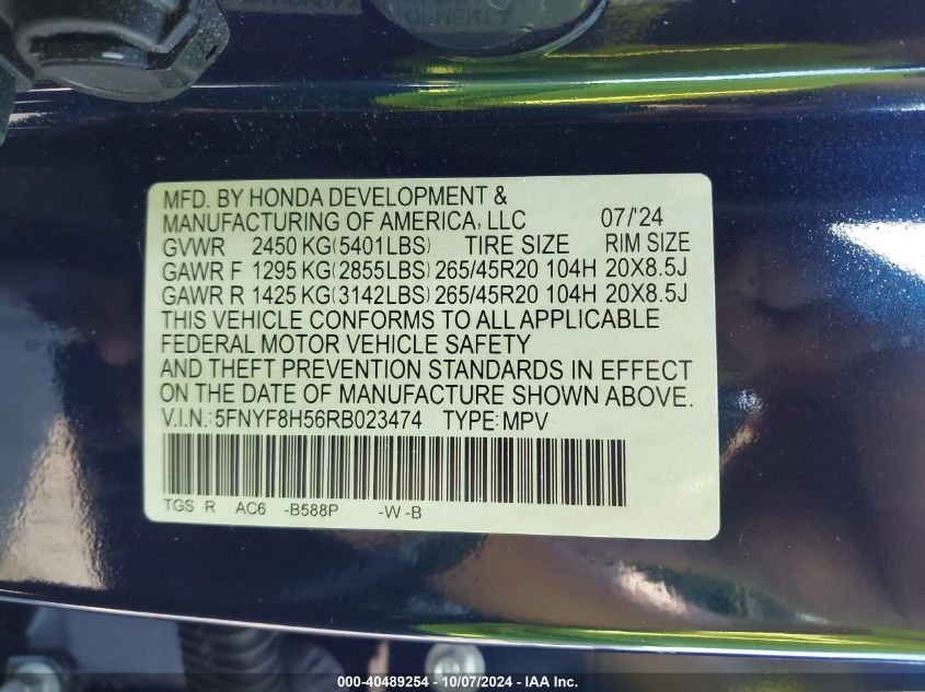 2024 Honda Passport Exl VIN: 5FNYF8H56RB023474 Lot: 40489254