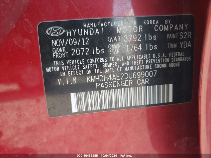 KMHDH4AE2DU699007 2013 Hyundai Elantra Gls