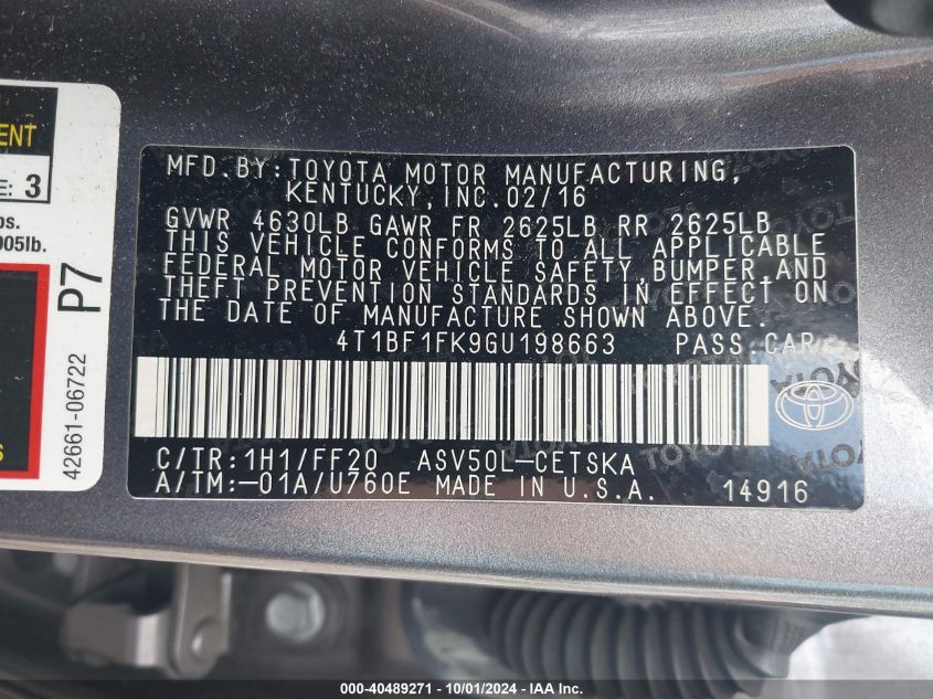 4T1BF1FK9GU198663 2016 Toyota Camry Se