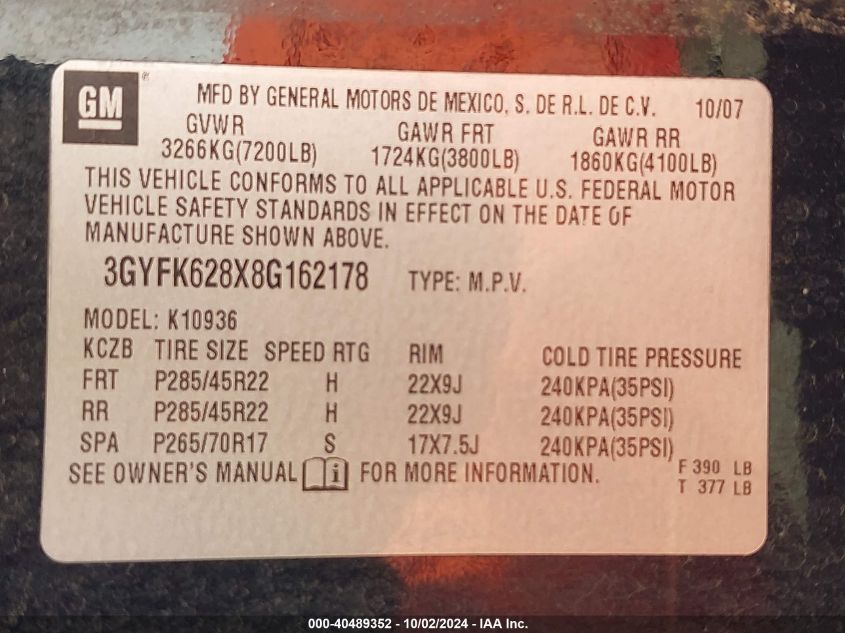 2008 Cadillac Escalade Ext Standard VIN: 3GYFK628X8G162178 Lot: 40489352