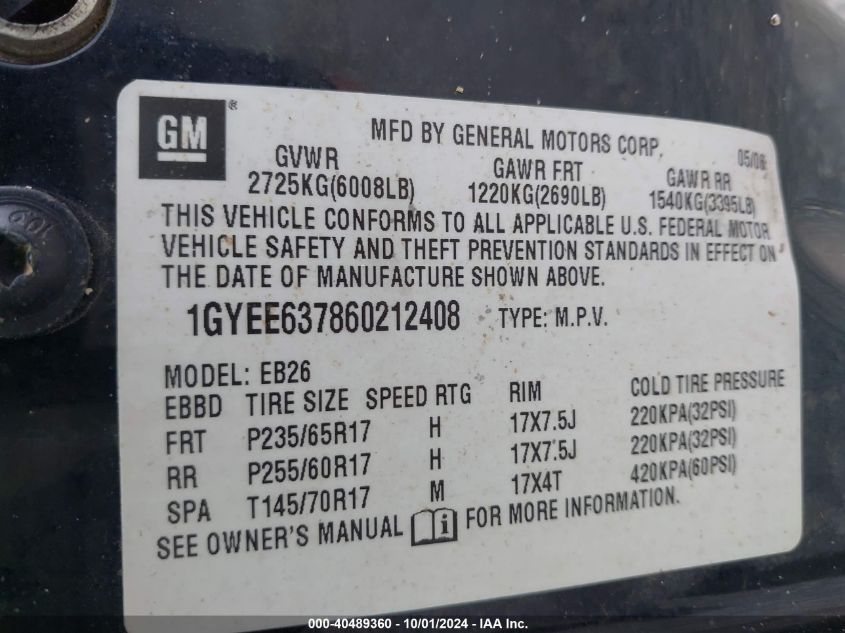 1GYEE637860212408 2006 Cadillac Srx V6