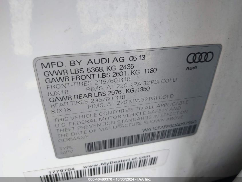 WA1CFAFP6DA097950 2013 Audi Q5 2.0T Premium