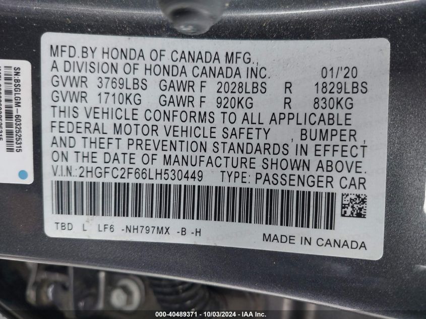 2HGFC2F66LH530449 2020 Honda Civic Lx