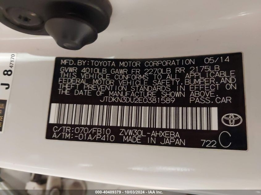 JTDKN3DU2E0381589 2014 Toyota Prius