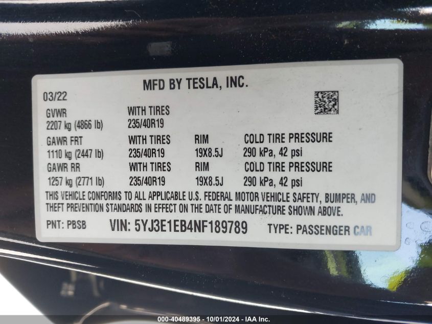 2022 Tesla Model 3 Long Range Dual Motor All-Wheel Drive VIN: 5YJ3E1EB4NF189789 Lot: 40489395