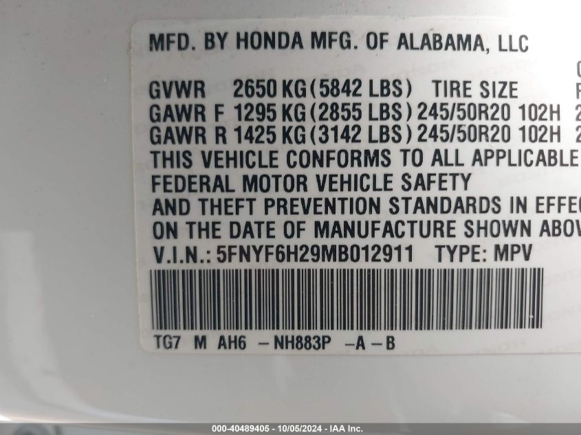 2021 Honda Pilot Awd Special Edition VIN: 5FNYF6H29MB012911 Lot: 40489405