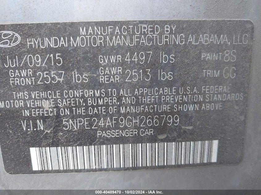 5NPE24AF9GH266799 2016 Hyundai Sonata Se