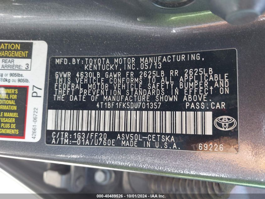 2013 Toyota Camry Se VIN: 4T1BF1FK5DU701357 Lot: 40489526