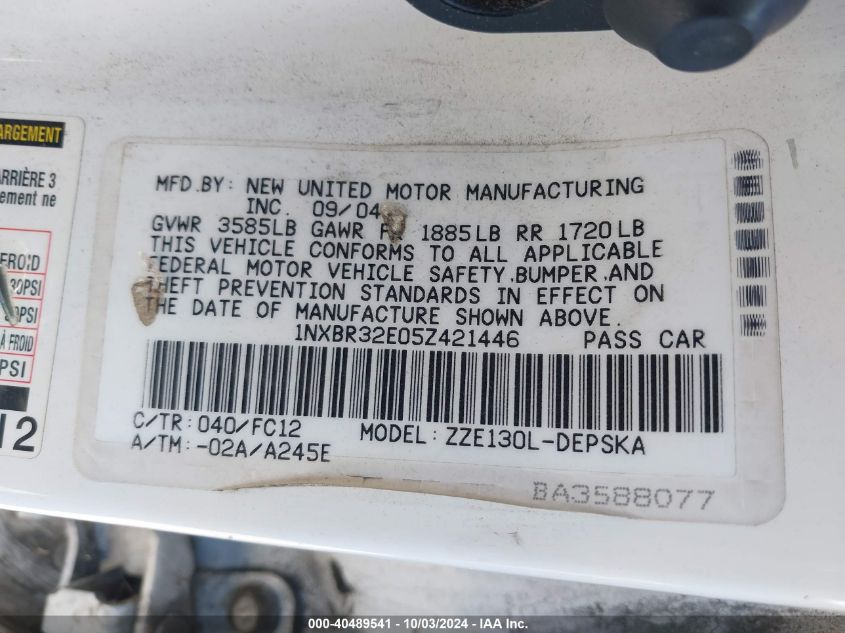 2005 Toyota Corolla S VIN: 1NXBR32E05Z421446 Lot: 40489541