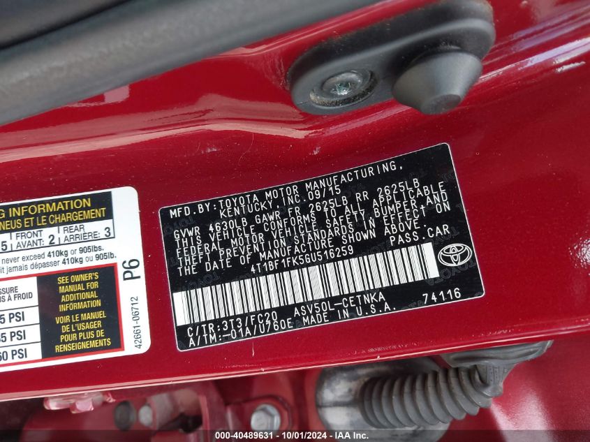 4T1BF1FK5GU516259 2016 Toyota Camry Le