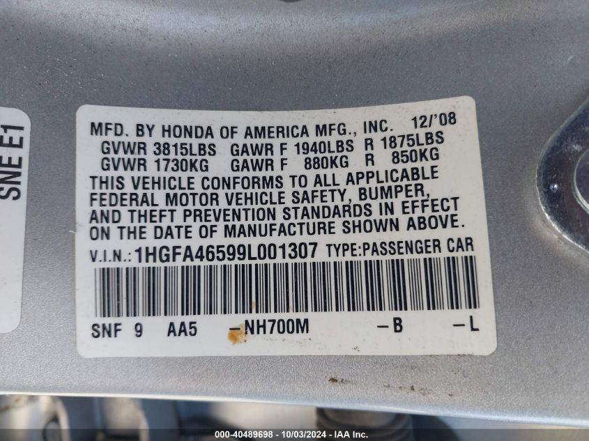 1HGFA46599L001307 2009 Honda Civic Gx