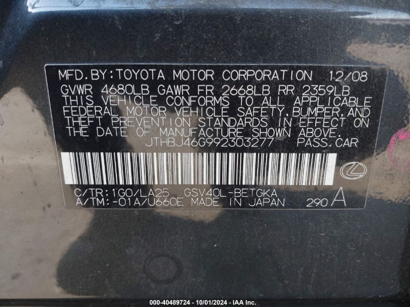 JTHBJ46G992303277 2009 Lexus Es 350