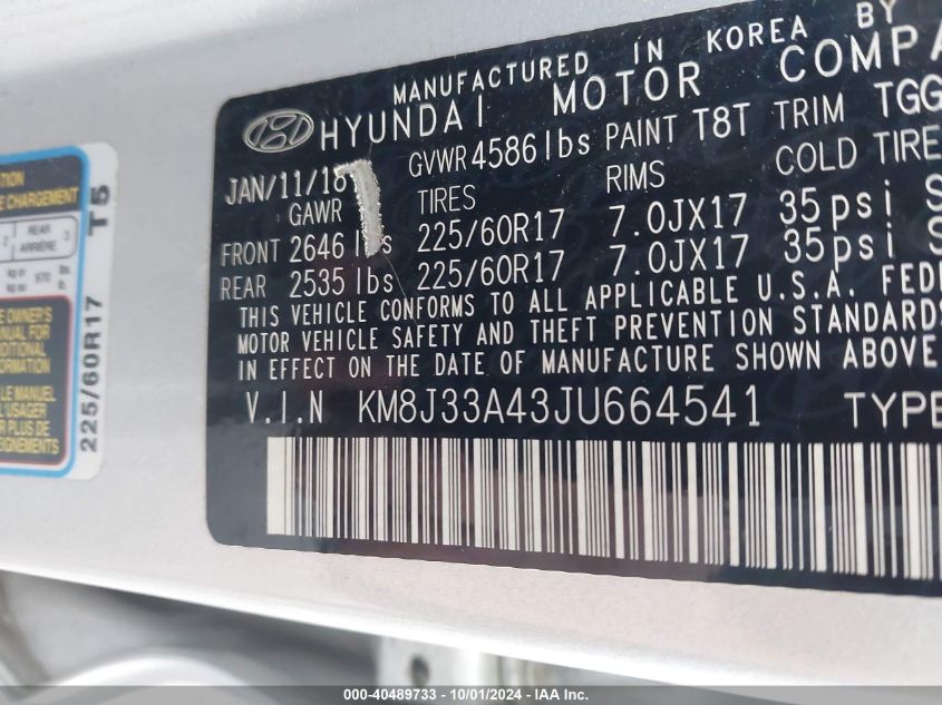 KM8J33A43JU664541 2018 Hyundai Tucson Sel