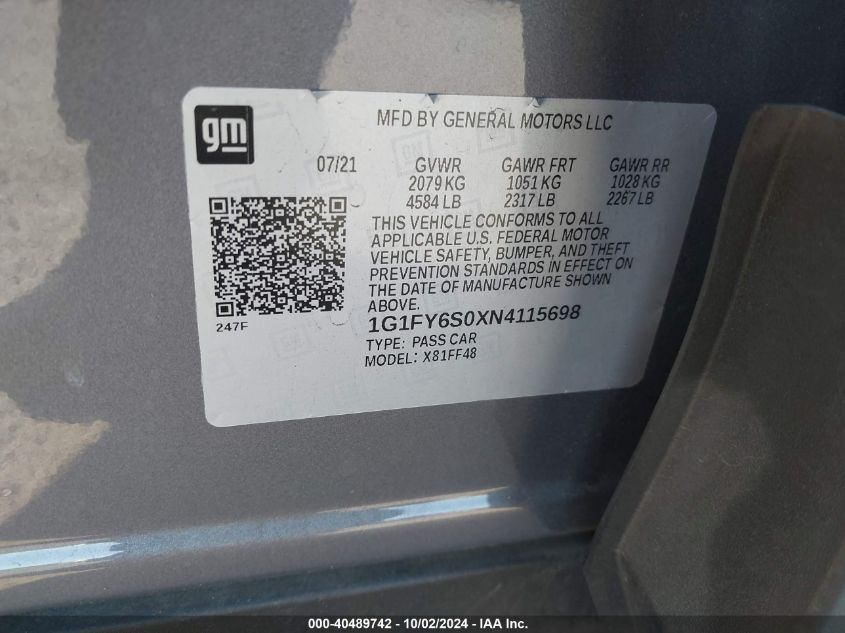 1G1FY6S0XN4115698 2022 Chevrolet Bolt Euv Fwd Lt