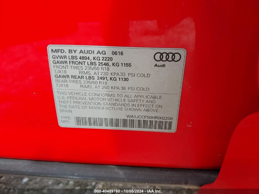 VIN WA1JCCFS0HR002208 2017 Audi Q3, 2.0T Premium no.9