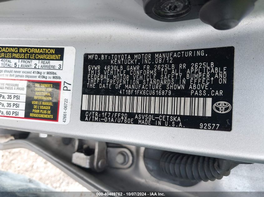 4T1BF1FK6CU616879 2012 Toyota Camry L/Le/Se/Se Limited Edition/Xle