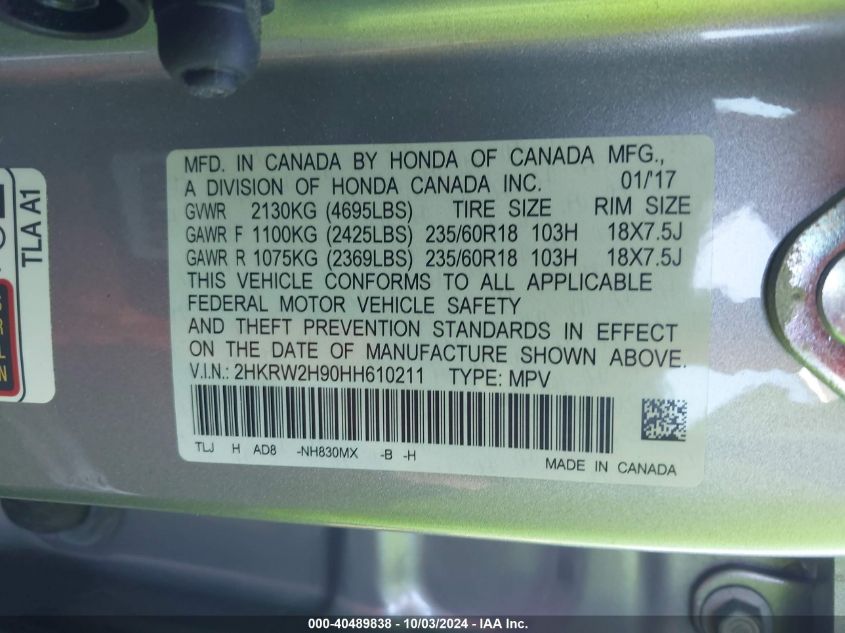 2017 Honda Cr-V Touring VIN: 2HKRW2H90HH610211 Lot: 40489838
