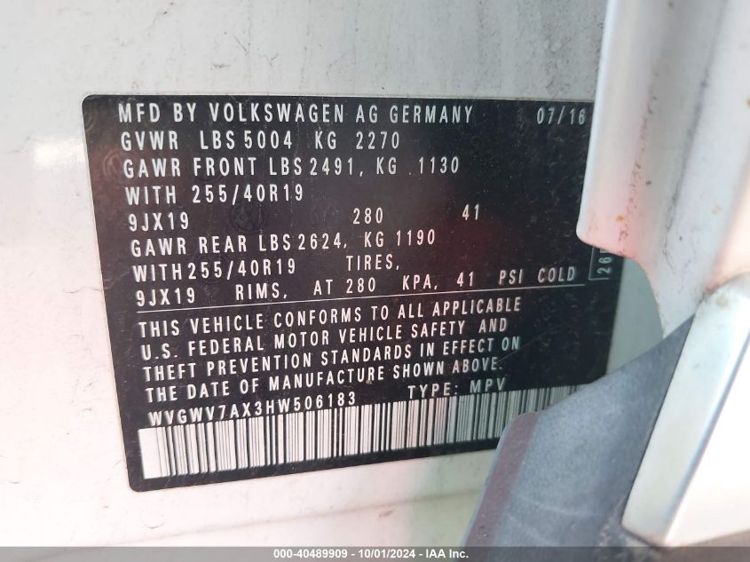 WVGWV7AX3HW506183 2017 Volkswagen Tiguan 2.0T Sel