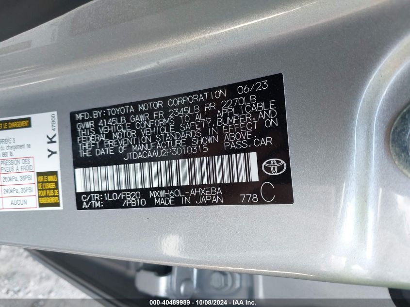 2023 Toyota Prius Le VIN: JTDACAAU2P3010315 Lot: 40489989