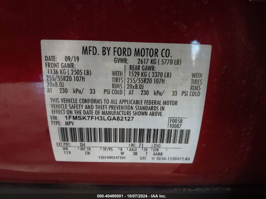 2020 Ford Explorer Limited VIN: 1FMSK7FH3LGA82127 Lot: 40490001