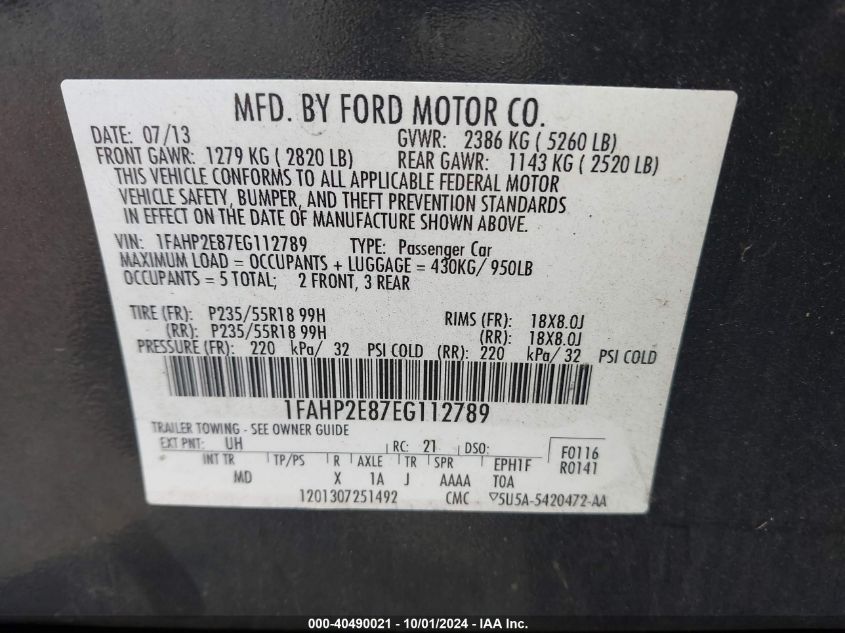 1FAHP2E87EG112789 2014 Ford Taurus Sel