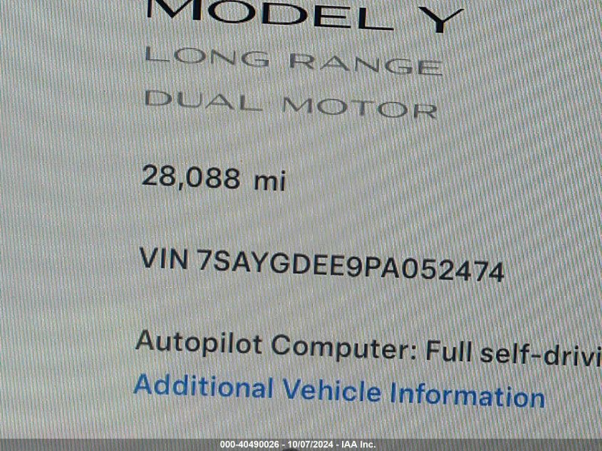 2023 Tesla Model Y Awd/Long Range Dual Motor All-Wheel Drive VIN: 7SAYGDEE9PA052474 Lot: 40490026