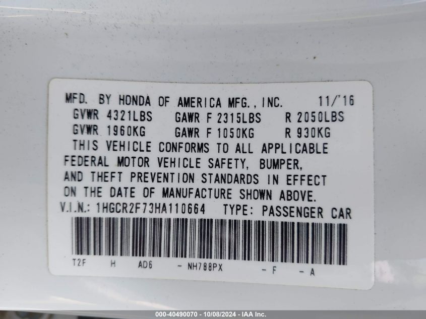 1HGCR2F73HA110664 2017 Honda Accord Ex