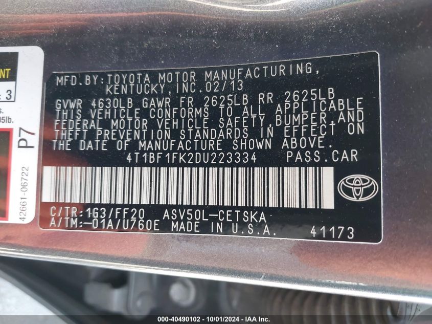 2013 Toyota Camry Se VIN: 4T1BF1FK2DU223334 Lot: 40490102