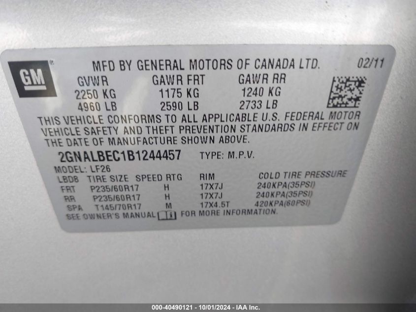 2GNALBEC1B1244457 2011 Chevrolet Equinox Ls