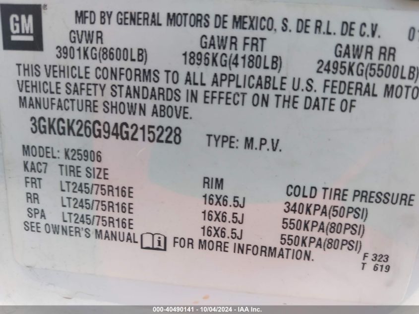 3GKGK26G94G215228 2004 GMC Yukon Xl 2500 Slt