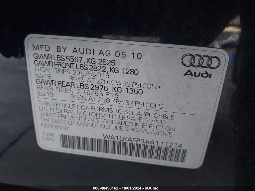 2010 Audi Q5 3.2 Premium VIN: WA1LKAFP3AA111214 Lot: 40490162