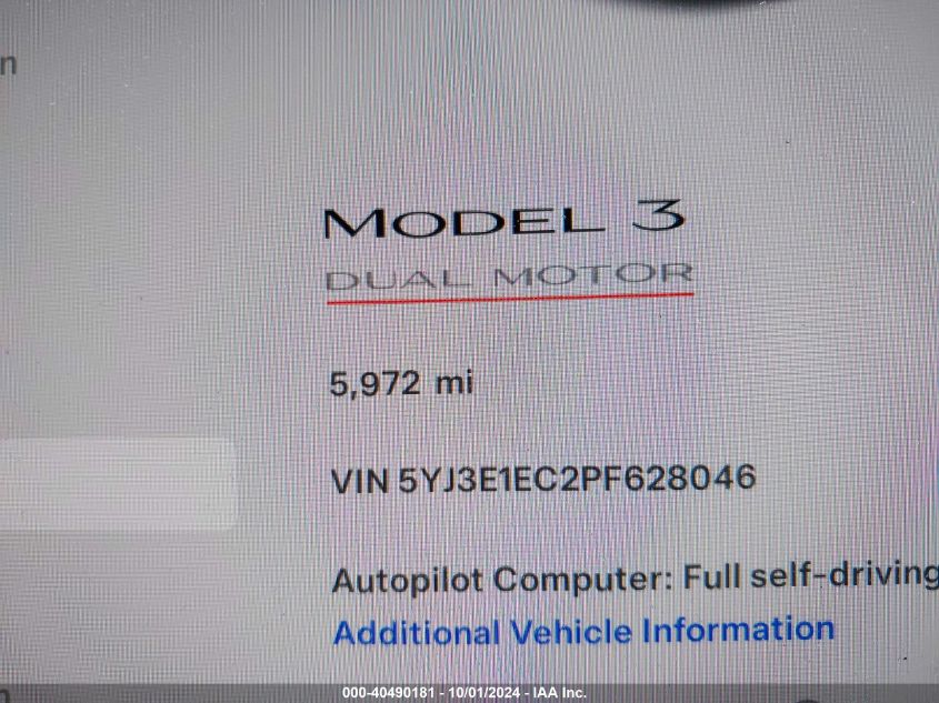 2023 Tesla Model 3 Performance Dual Motor All-Wheel Drive VIN: 5YJ3E1EC2PF628046 Lot: 40490181