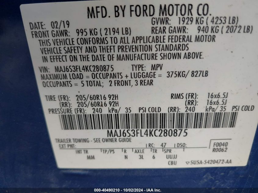 MAJ6S3FL4KC280875 2019 Ford Ecosport S