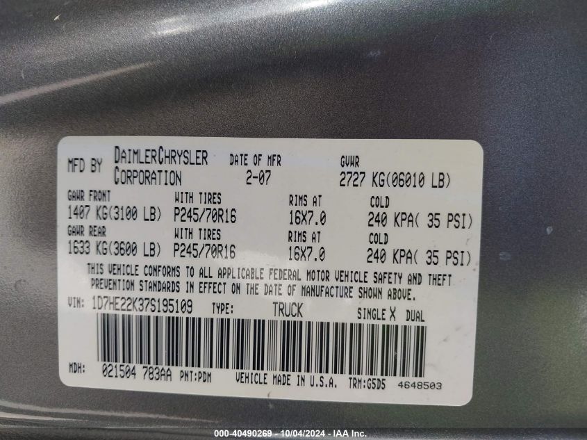 2007 Dodge Dakota St VIN: 1D7HE22K37S195109 Lot: 40490269