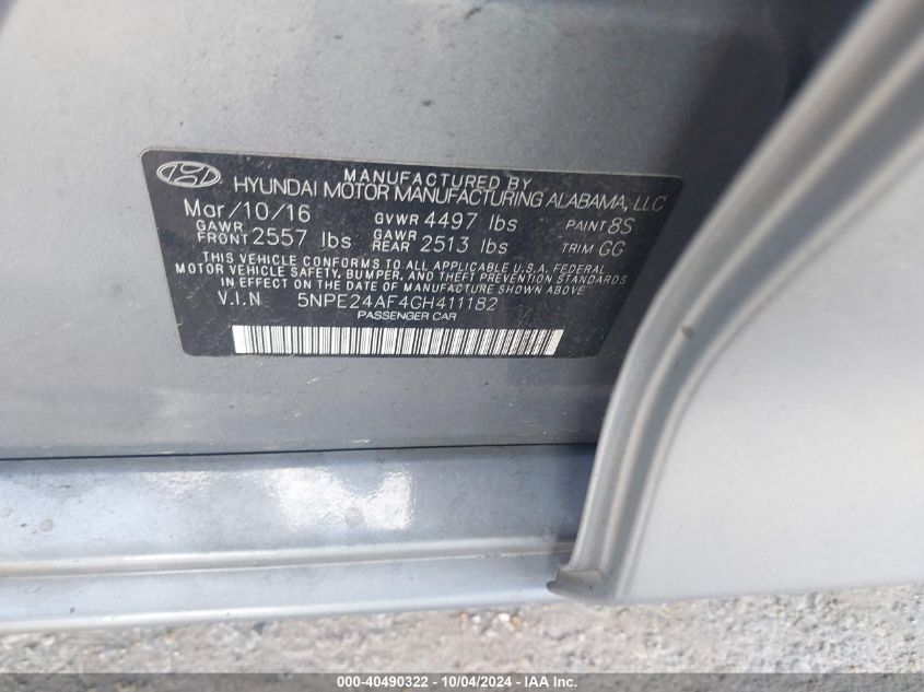 5NPE24AF4GH411182 2016 Hyundai Sonata