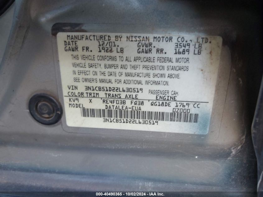 3N1CB51D22L630519 2002 Nissan Sentra Gxe