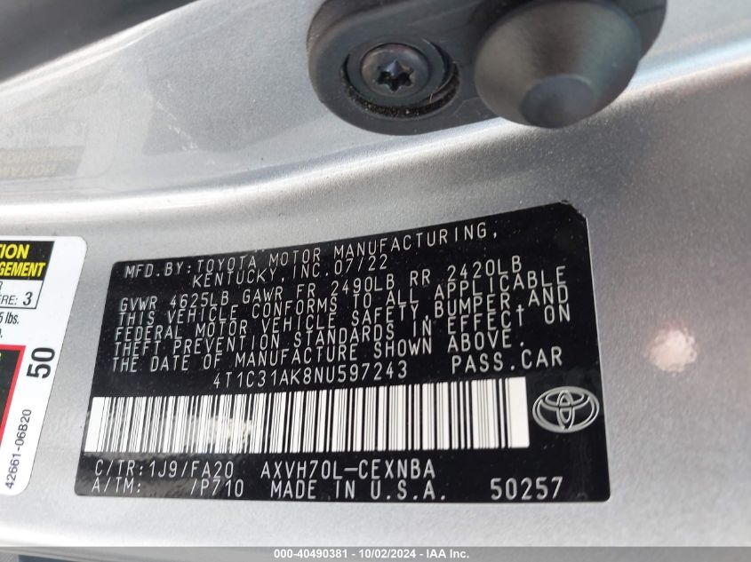 4T1C31AK8NU597243 2022 Toyota Camry Le Hybrid