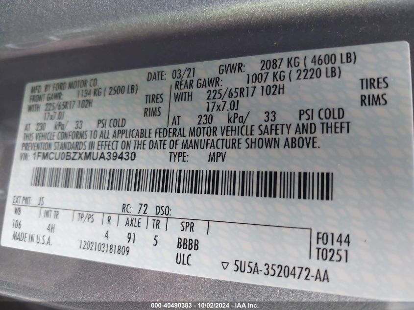 1FMCU0BZXMUA39430 2021 Ford Escape Se Hybrid