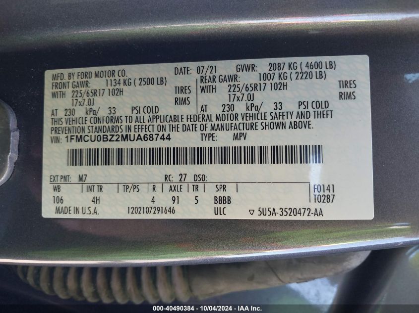 1FMCU0BZ2MUA68744 2021 Ford Escape Se Hybrid