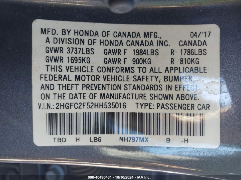 2HGFC2F52HH535016 2017 Honda Civic Lx