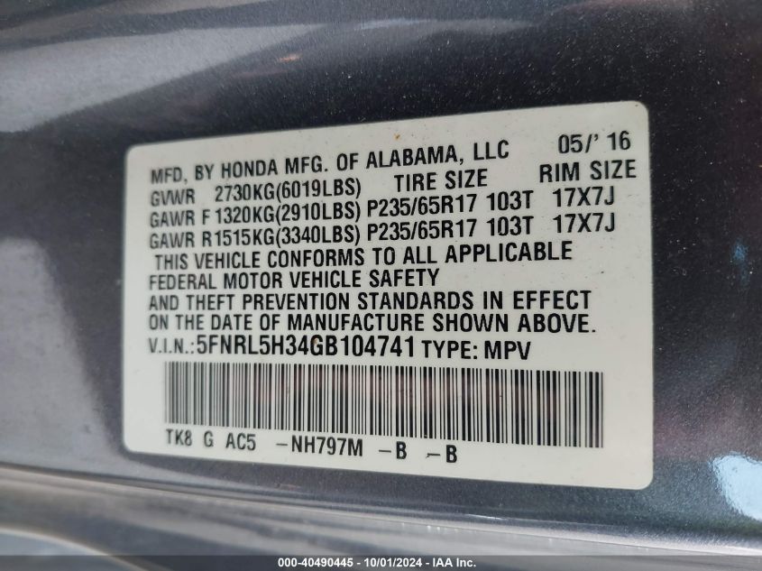 2016 Honda Odyssey Se VIN: 5FNRL5H34GB104741 Lot: 40490445