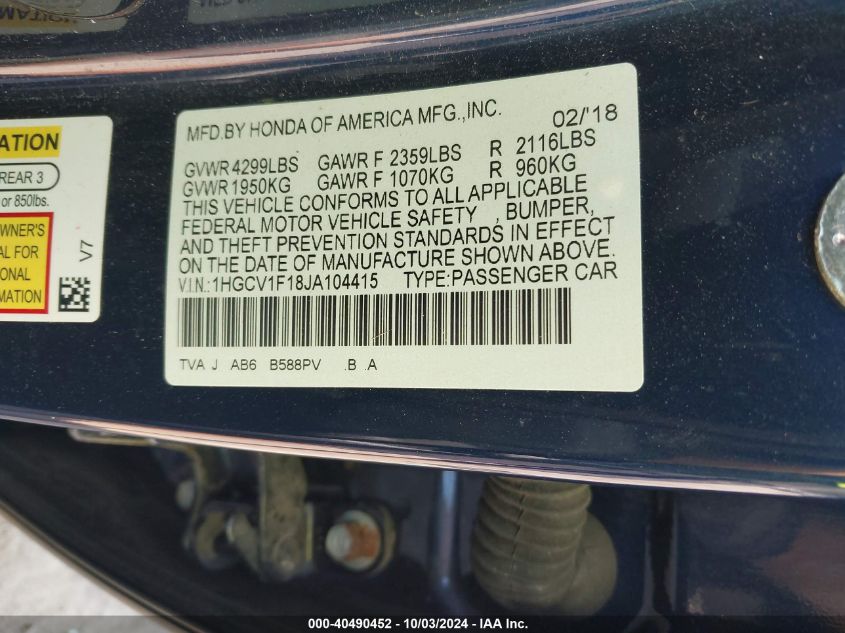 1HGCV1F13JA064938 2018 Honda Accord Lx