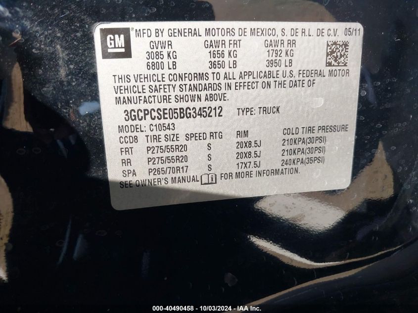 3GCPCSE05BG345212 2011 Chevrolet Silverado 1500 Lt