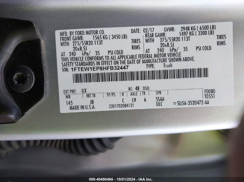 VIN 1FTEW1EP8HFB32447 2017 FORD F-150 XLT