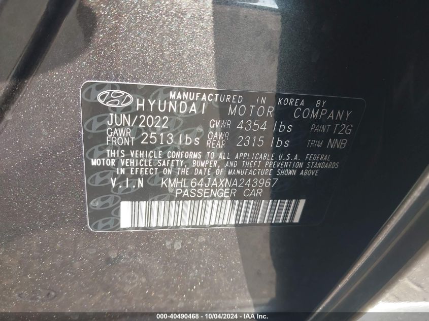 KMHL64JAXNA243967 2022 Hyundai Sonata Sel