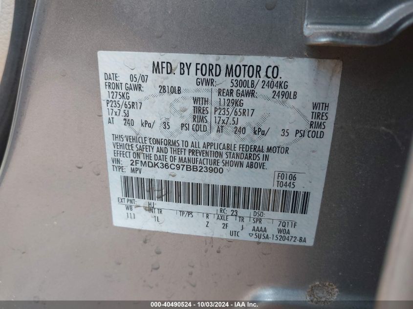 2FMDK36C97BB23900 2007 Ford Edge Se